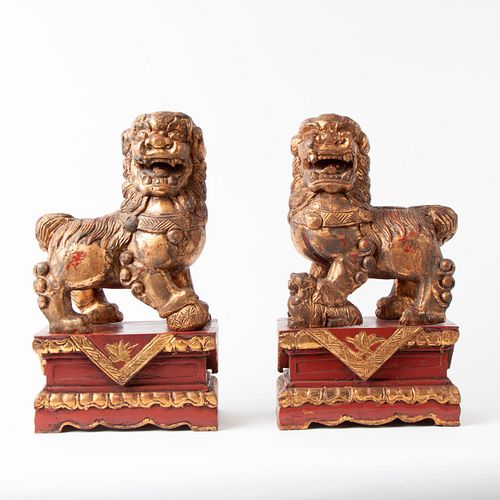 RED LACQUER AND GOLD LEAF FOO DOGS,