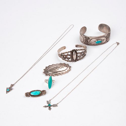 GROUP OF 7 NAVAJO SILVER TURQUOISE JEWELRY