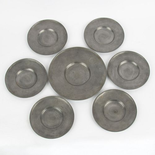 SIX ANTIQUE PEWTER PLATES WITH
