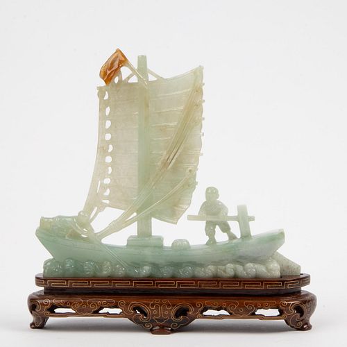 CHINESE CARVED JADEITE JADE BOAT,