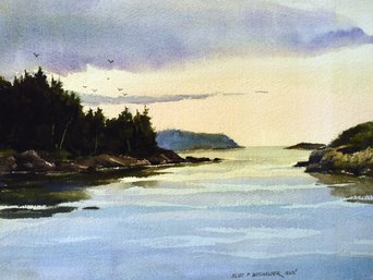 Lake landscape watercolor, signed