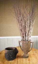 Two faux bois style concrete planters.