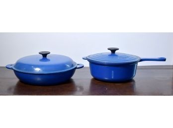 Two pieces of blue cast iron enameled