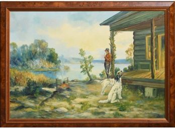 Vintage oil on canvas, Hunter at lake