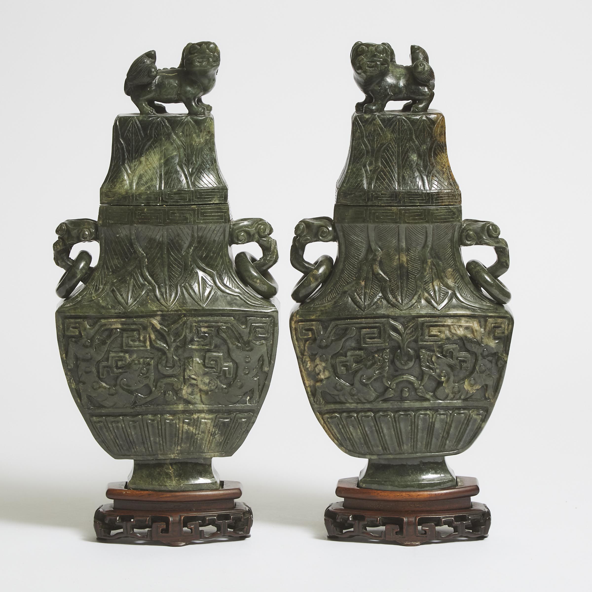 A Pair of Large Spinach Jade Vases