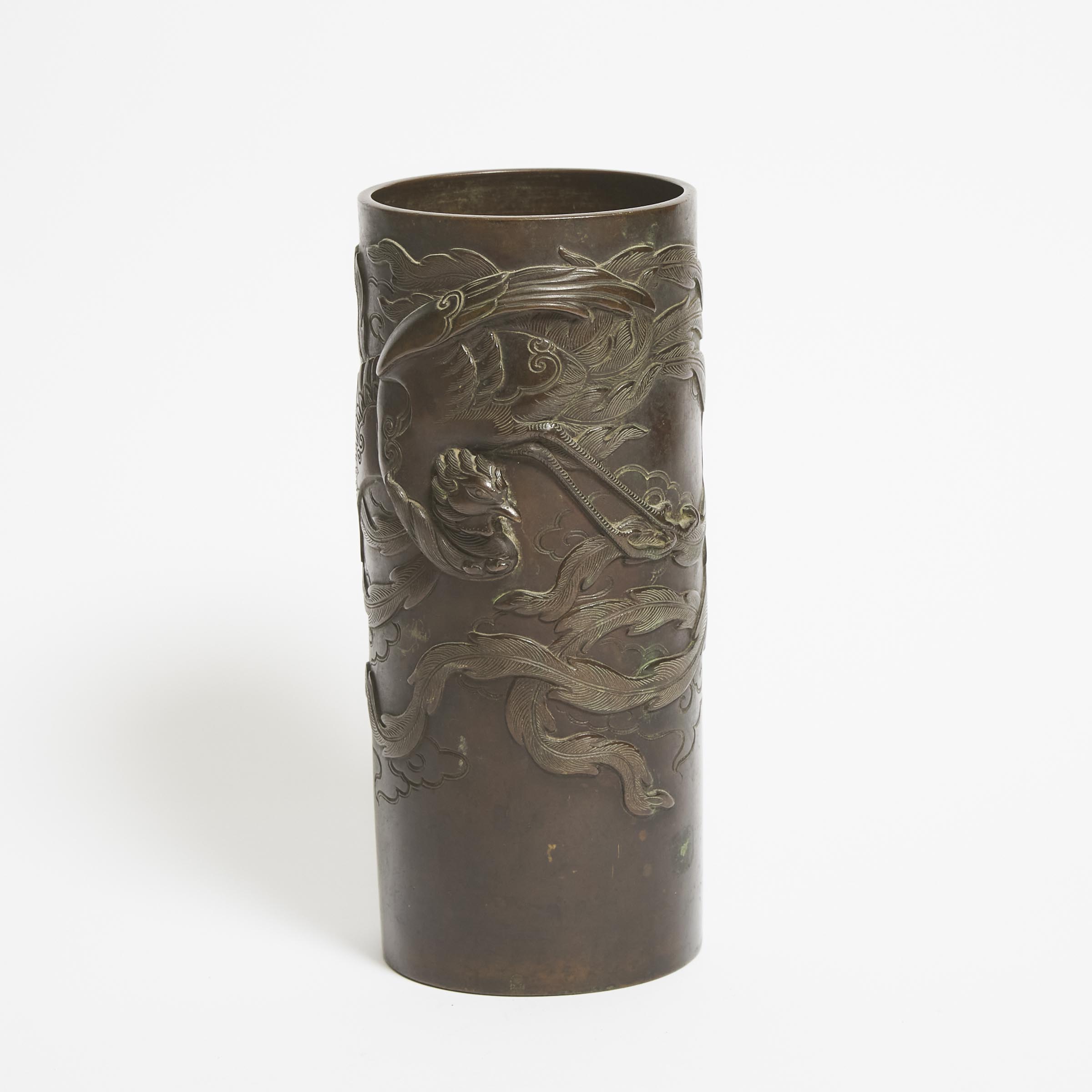 A Japanese Bronze 'Phoenix' Cylindrical