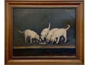 Oil on canvas depicting puppies eating,