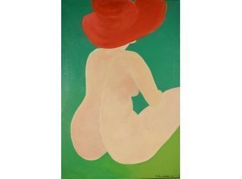 Oil on canvas, seated nude in red hat,