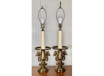 Two brass table lamps with applied