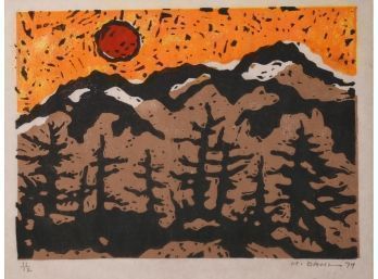 Colored woodblock print, mountains