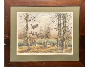 Print of game fowl in autumn landscape,