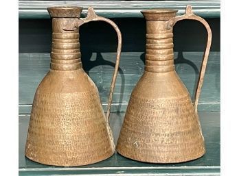 Pair antique hammered copper vessels ewers  3acff0