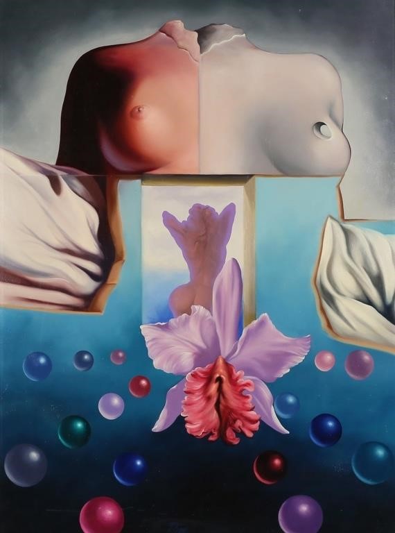 SIGNED RINO SURREALIST OIL ON CANVAS 3ad0ff