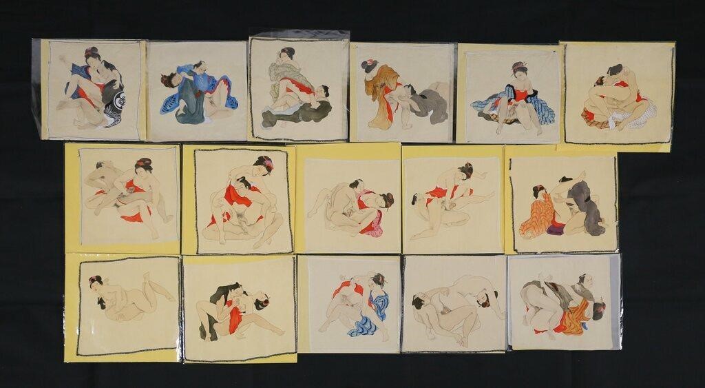 16 JAPANESE SHUNGA PAINTINGS ON