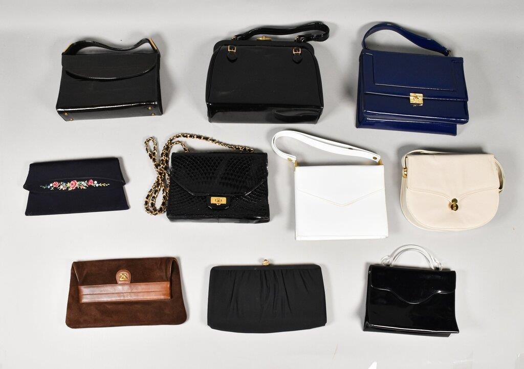 TEN VINTAGE HANDBAGSBlack patent leather;