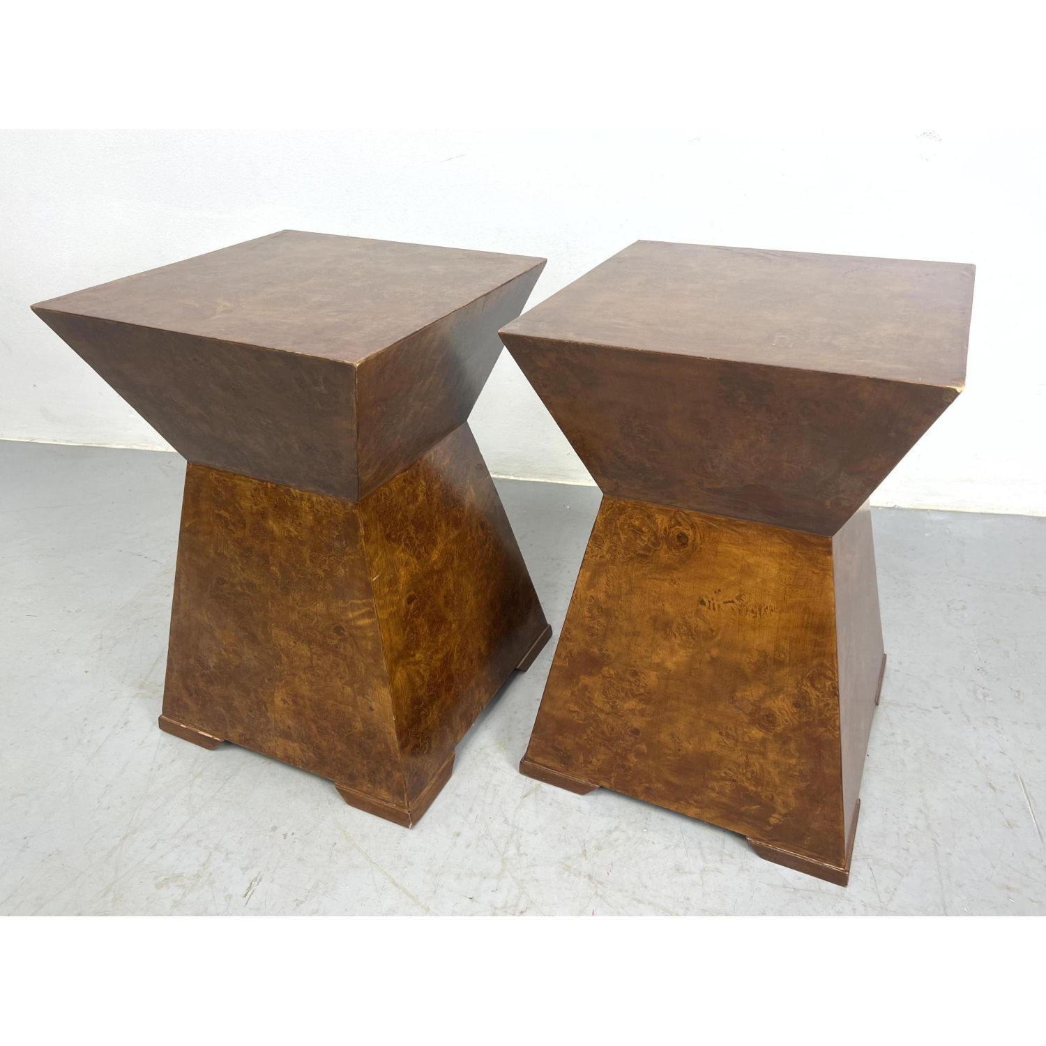 Pr Burl Wood Corseted Side Tables 3ad528