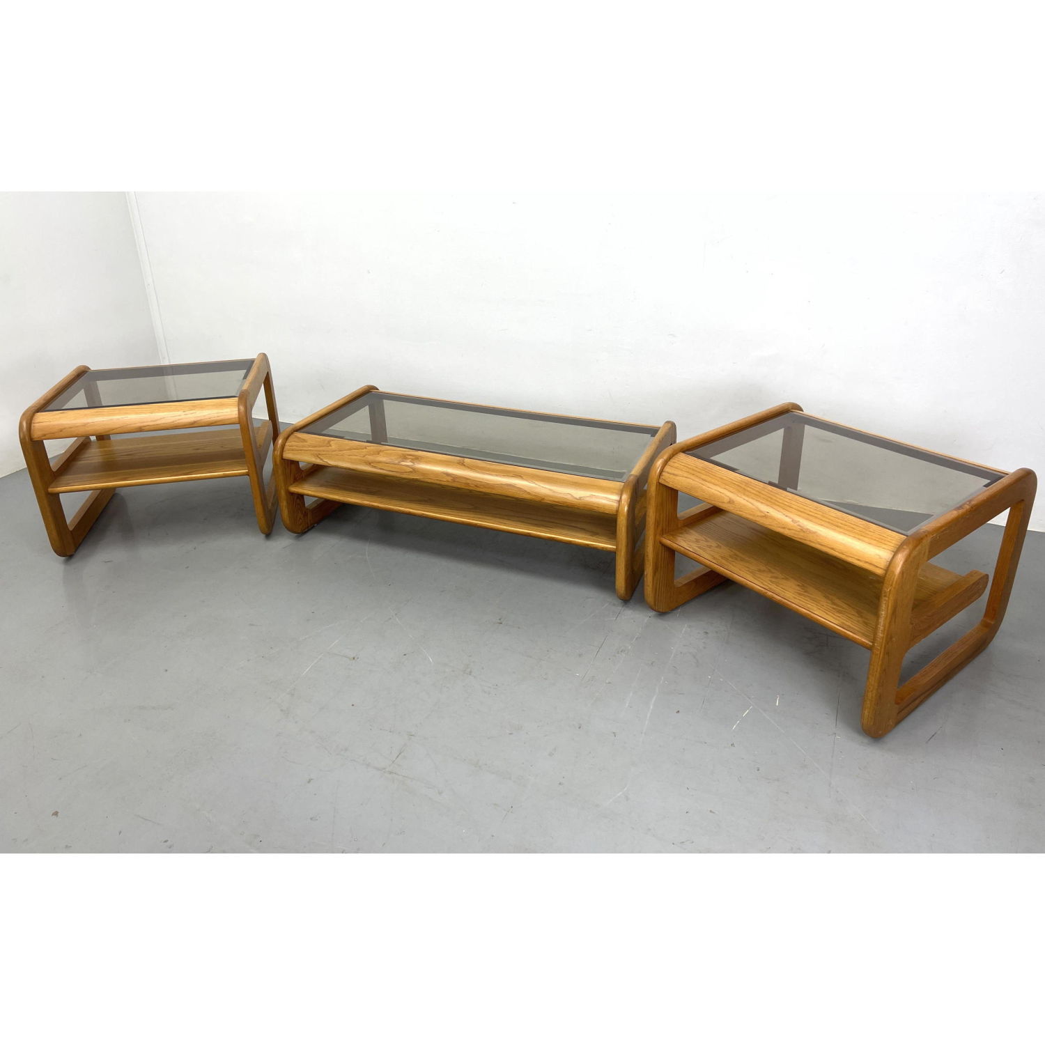 3pc oak and glass end tables circa