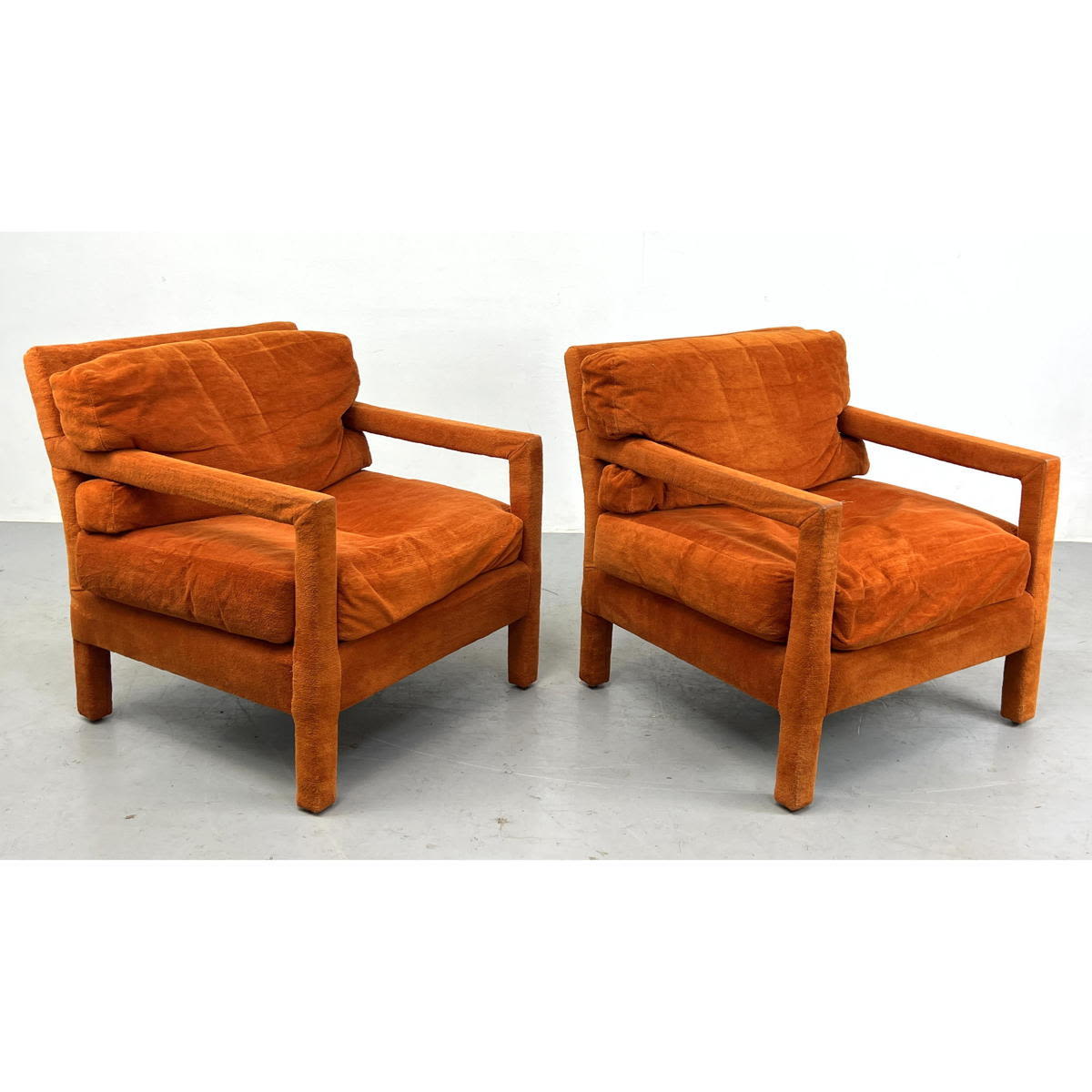 Pr Orange Open Arm Lounge Chairs.