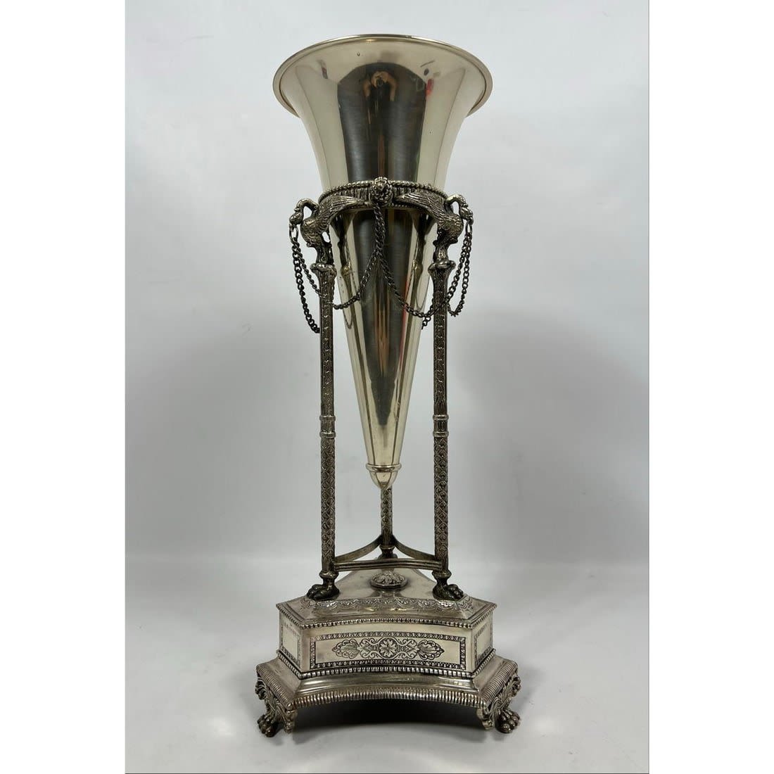 Tall Silver Tone Trumpet Vase In