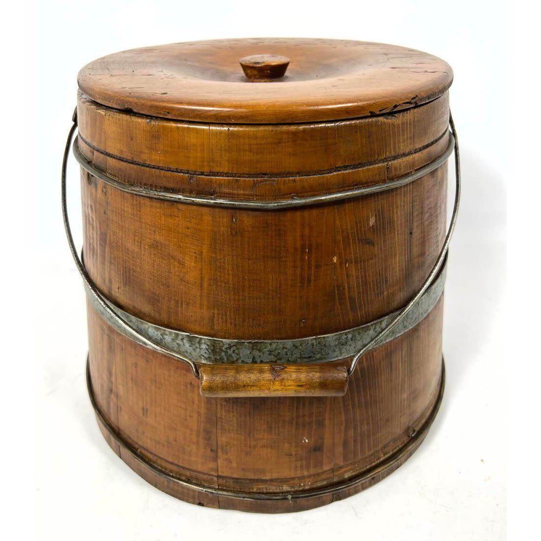 Vintage Lidded Wood Bucket. Metal