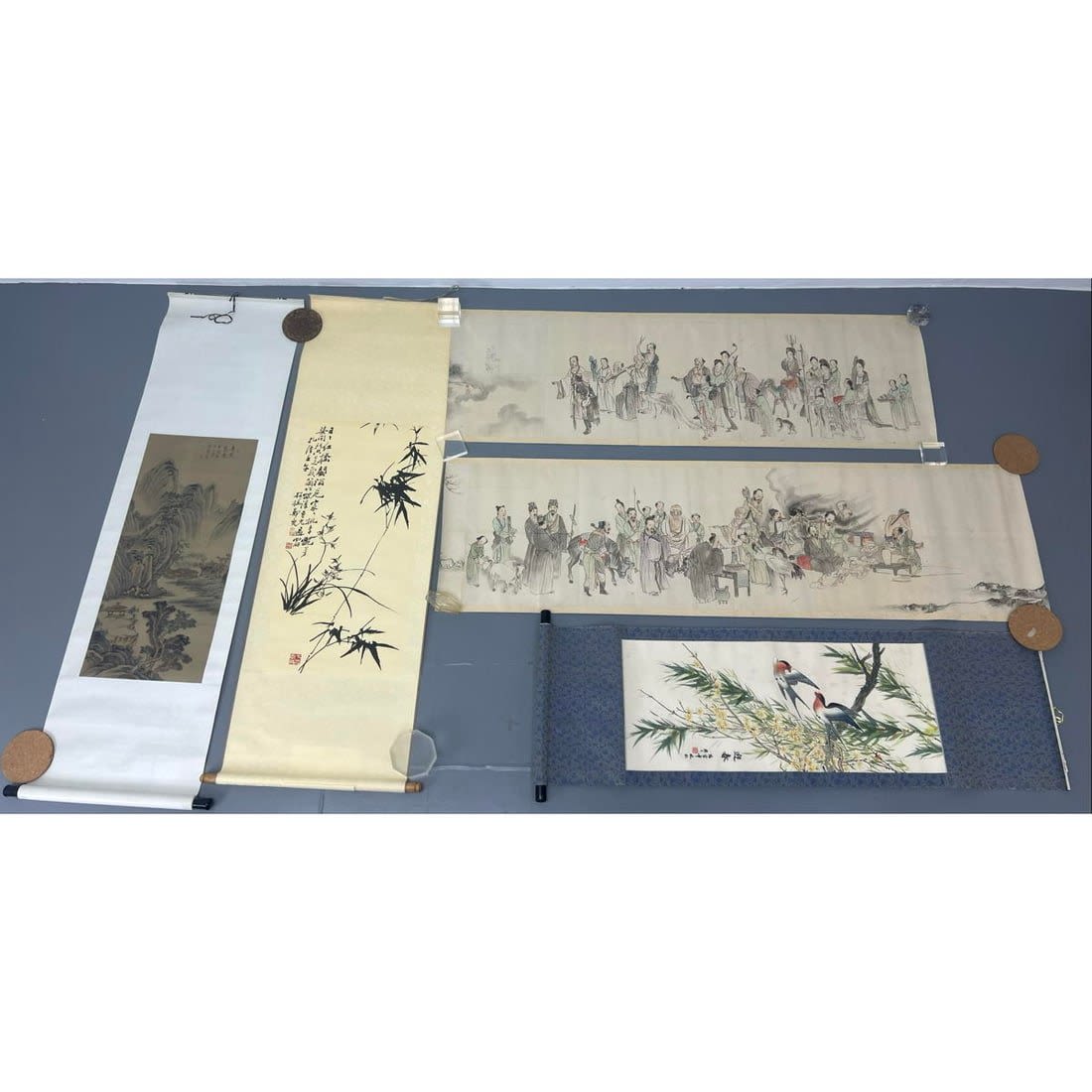 5pc Asian scrolls. Figures, Birds,