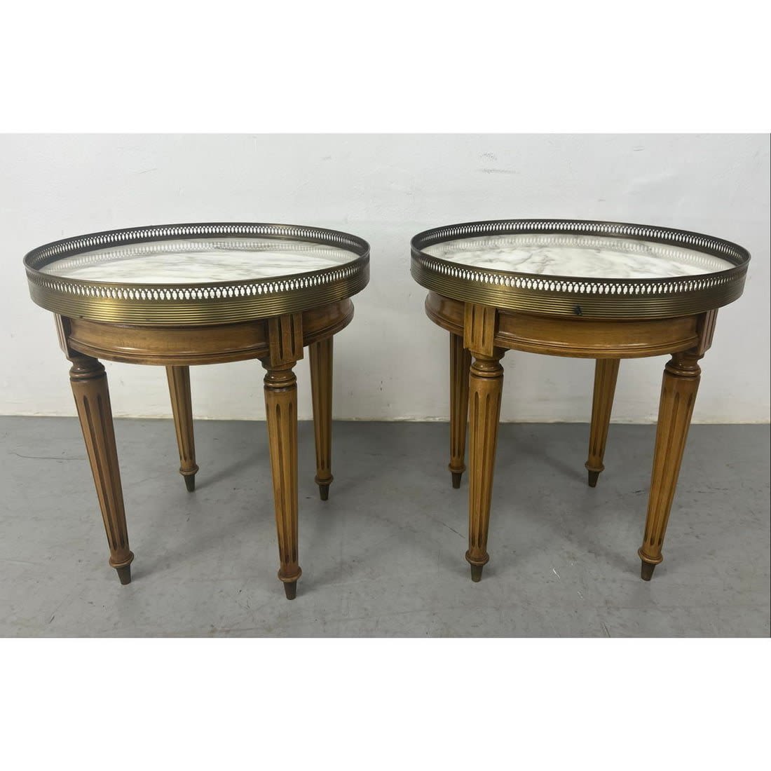 Pr Round Marble Top Side Tables.