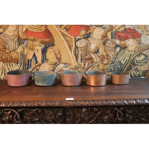 Four antique French copper saucepans 3ad8a3