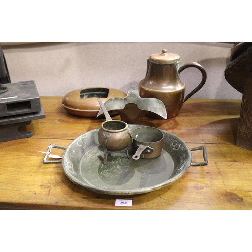 Assortment of copper to include saucepan,