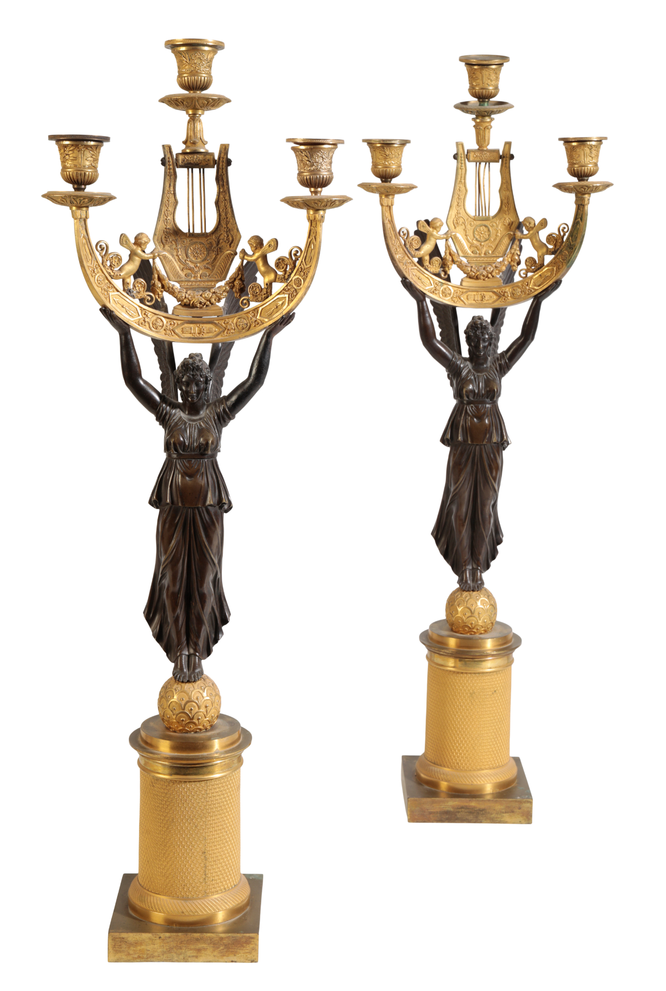 A PAIR OF FRENCH ORMOLU AND PATINATED 3adf5b