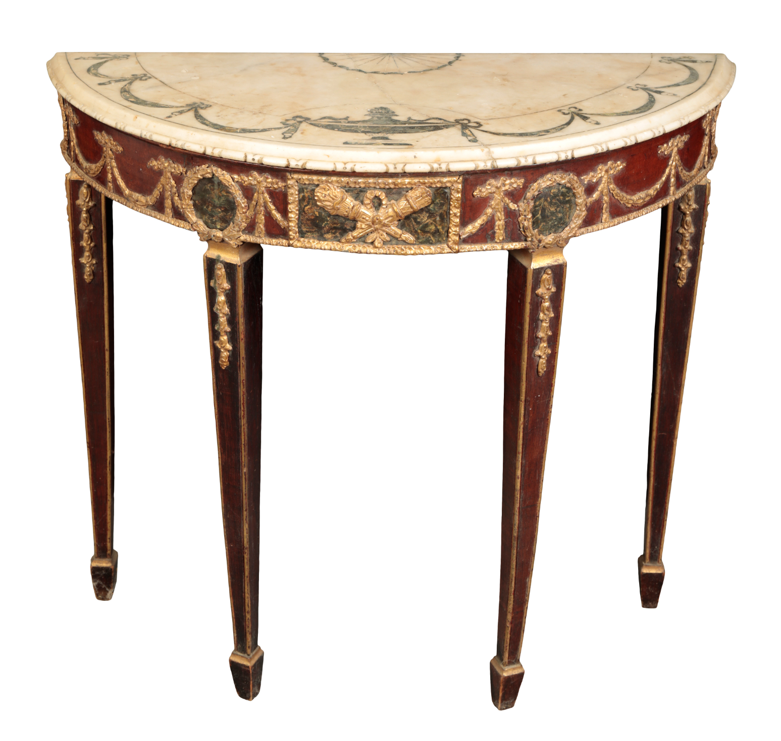 A MAHOGANY AND MARBLE TOPPED DEMI LUNE 3adf71