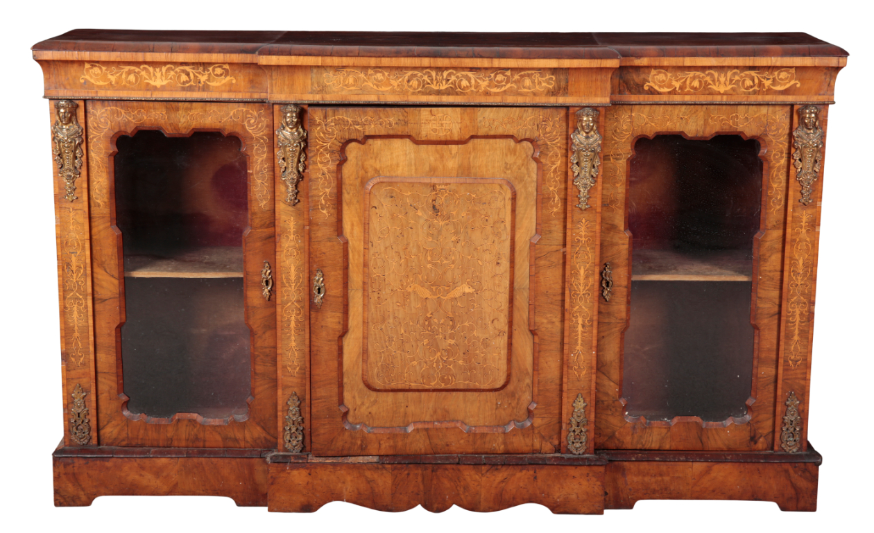 A VICTORIAN WALNUT, MARQUETRY AND