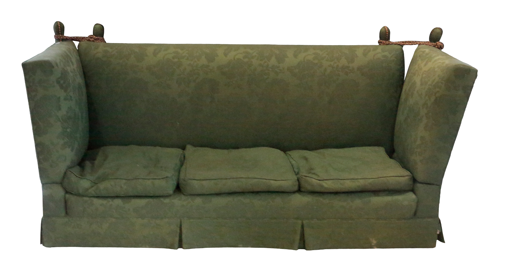 A KNOLE SOFA with green damask covers,