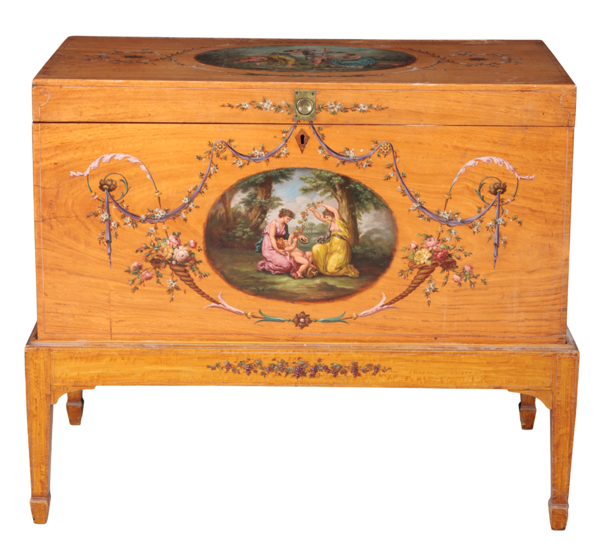 A SATINWOOD AND PAINTED CHEST ON