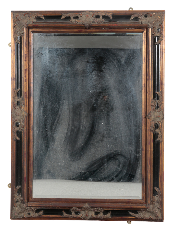 AN EBONISED AND PARCEL GILT MIRROR 3ae317