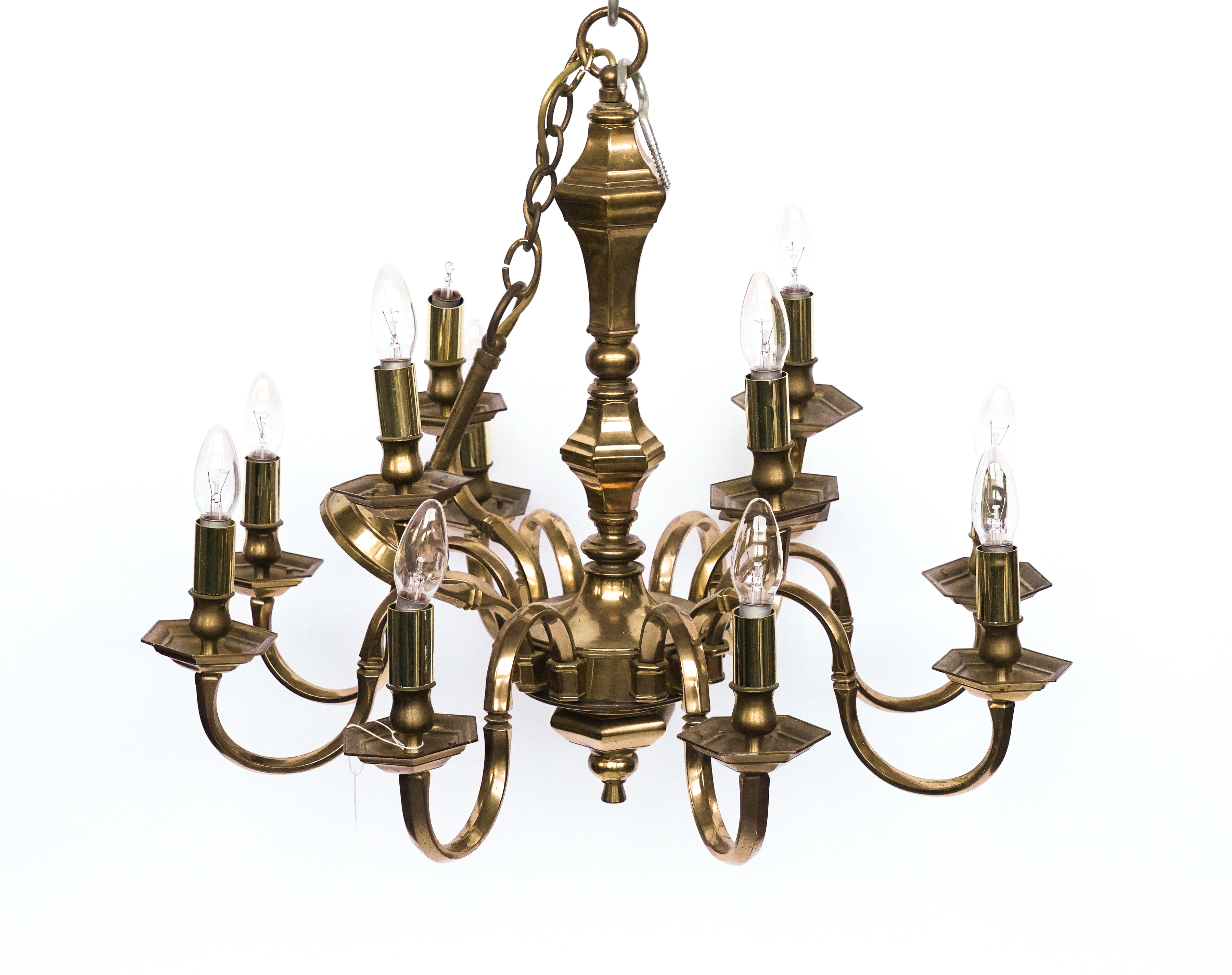 A DUTCH BRASS TWELVE-LIGHT CHANDELIER