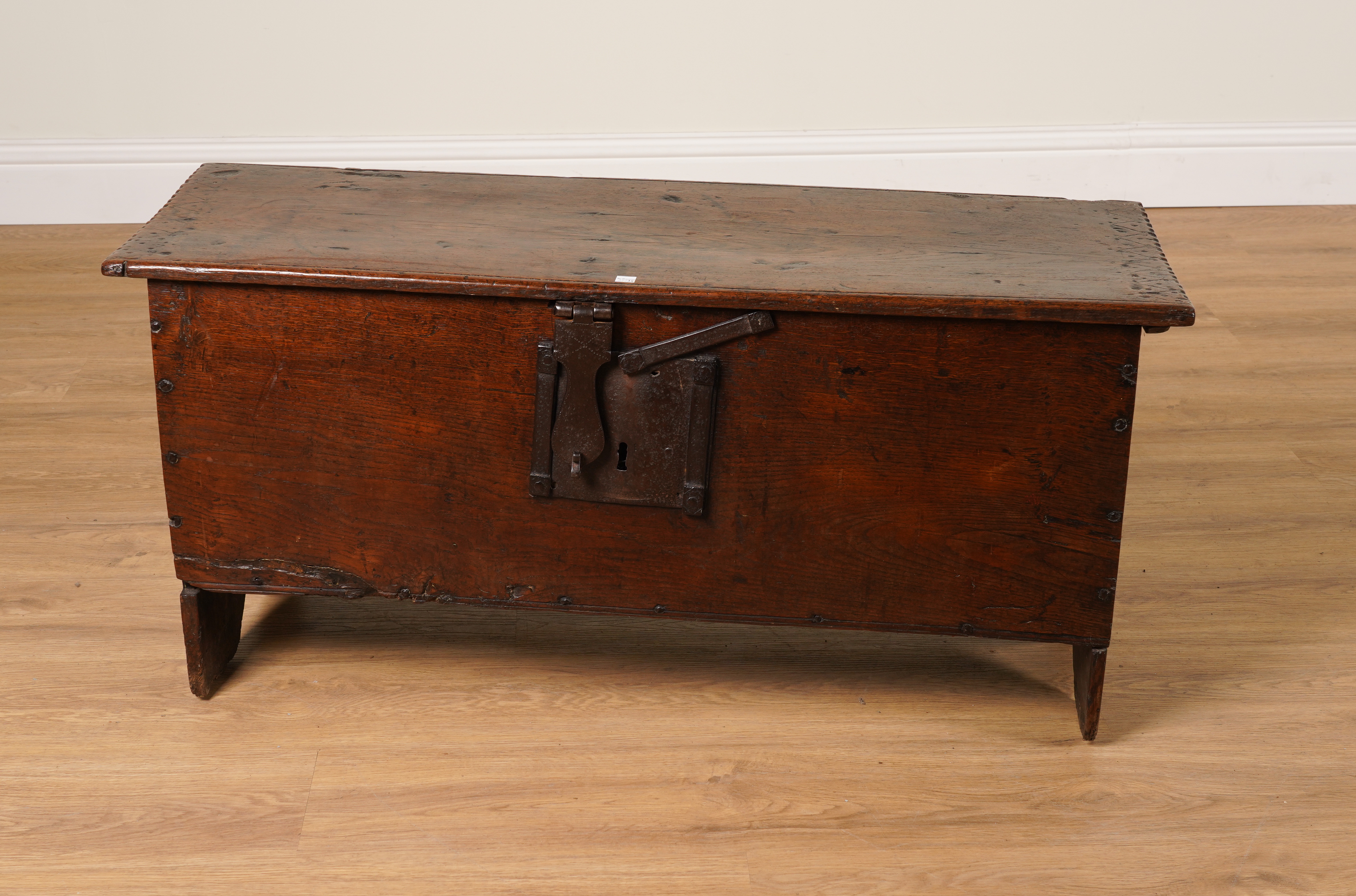 A 17TH CENTURY OAK PLANK COFFER