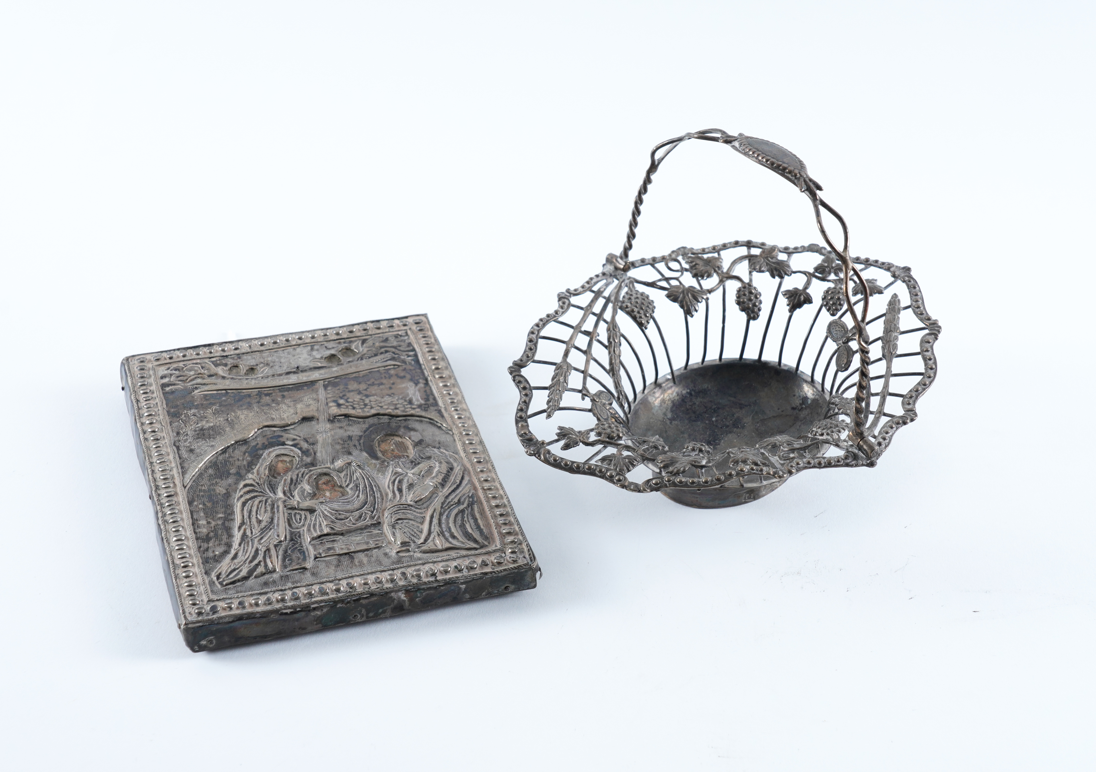 A SILVER EPERGNE BASKET AND AN