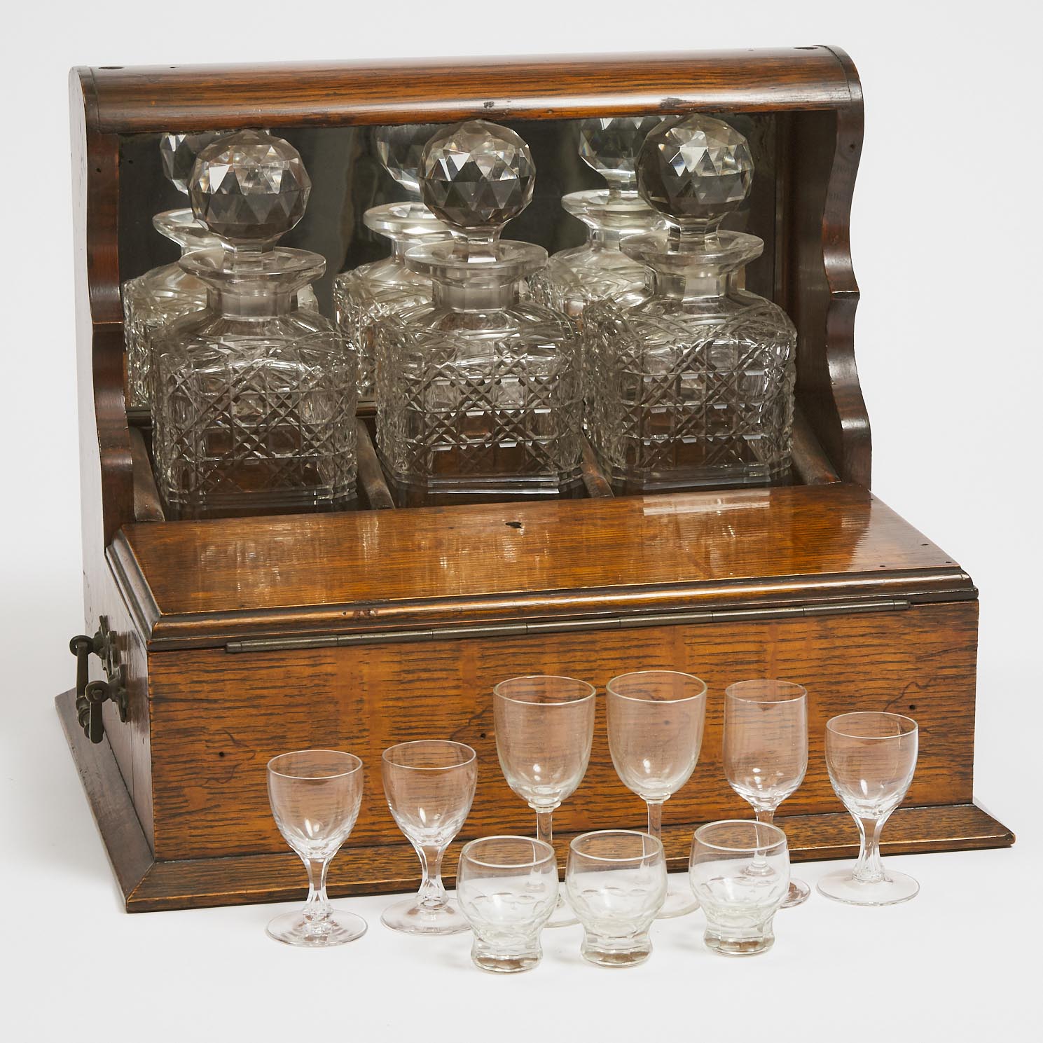 English Three Decanter Oak Tantalus,