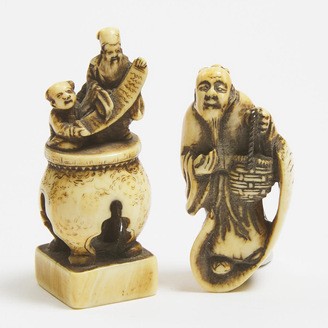 Two Ivory Netsuke of Jurojin and an