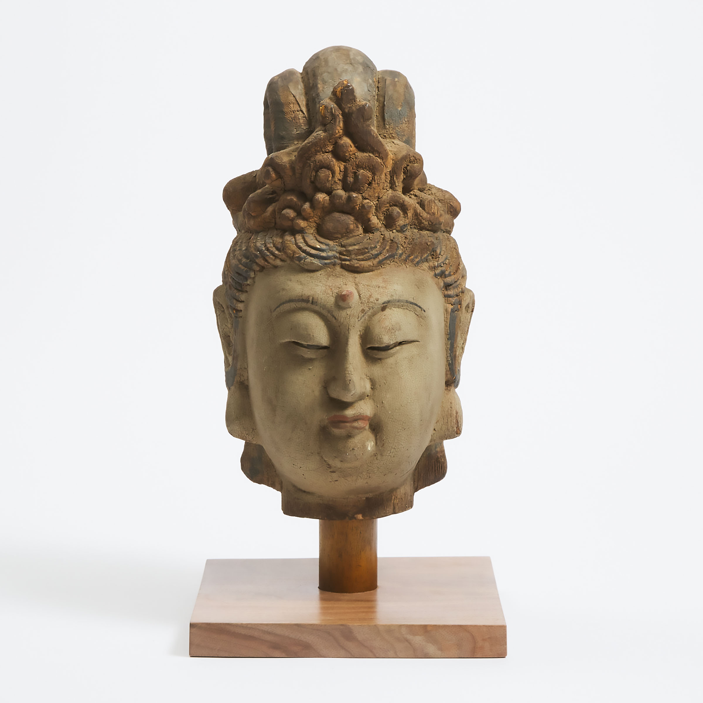 A Chinese Carved Wood Head of Guanyin