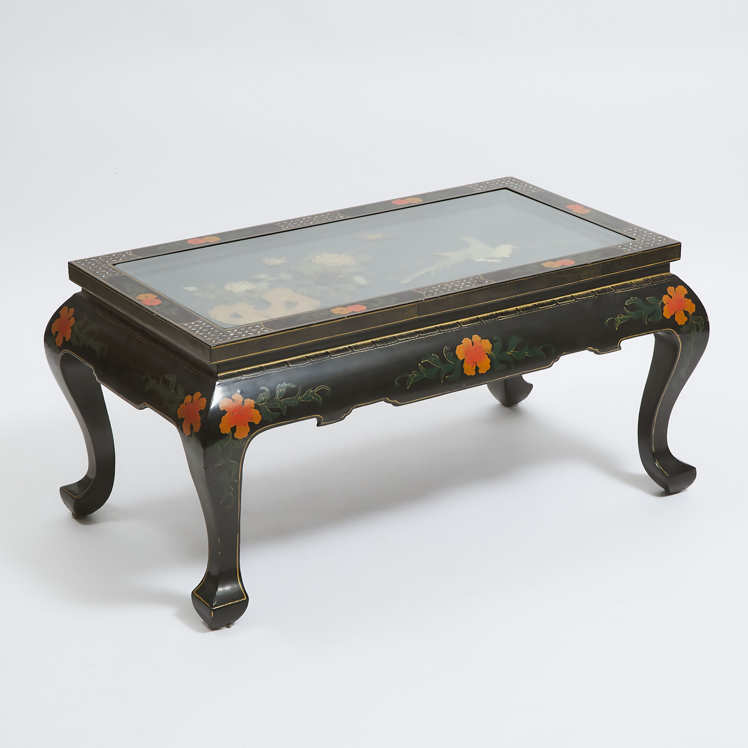 A Chinese Black Lacquered and Soapstone