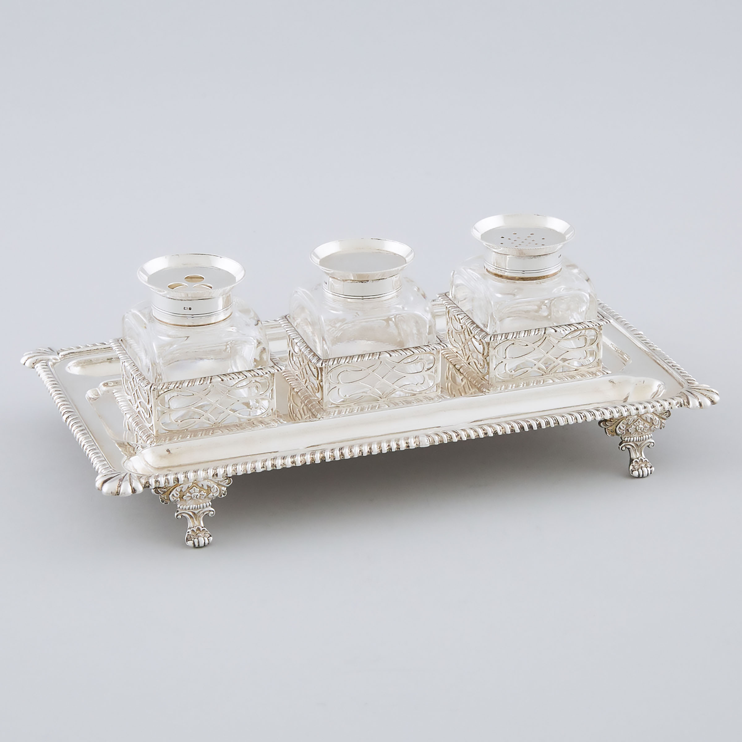 English Silver Rectangular Inkstand,