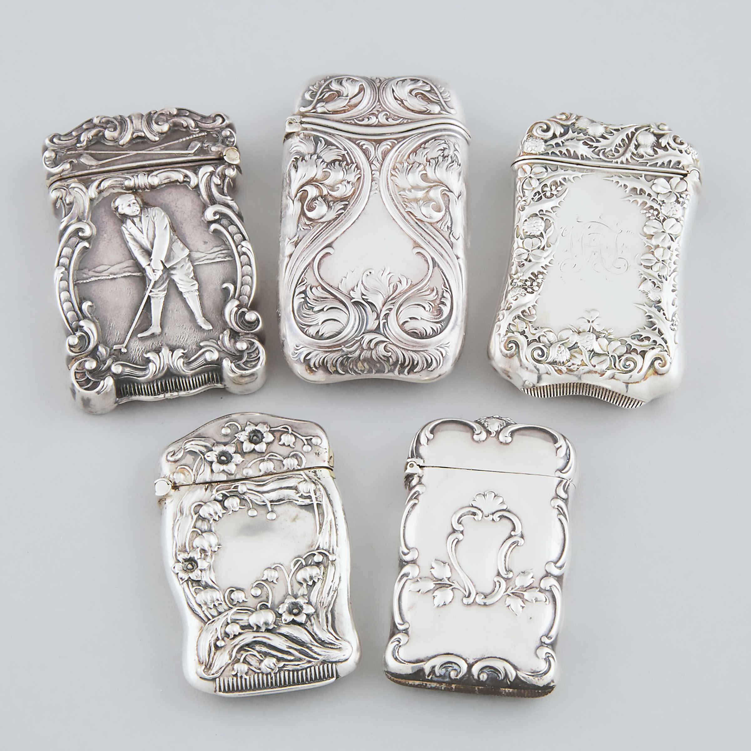 Five American Silver Vesta Cases, late