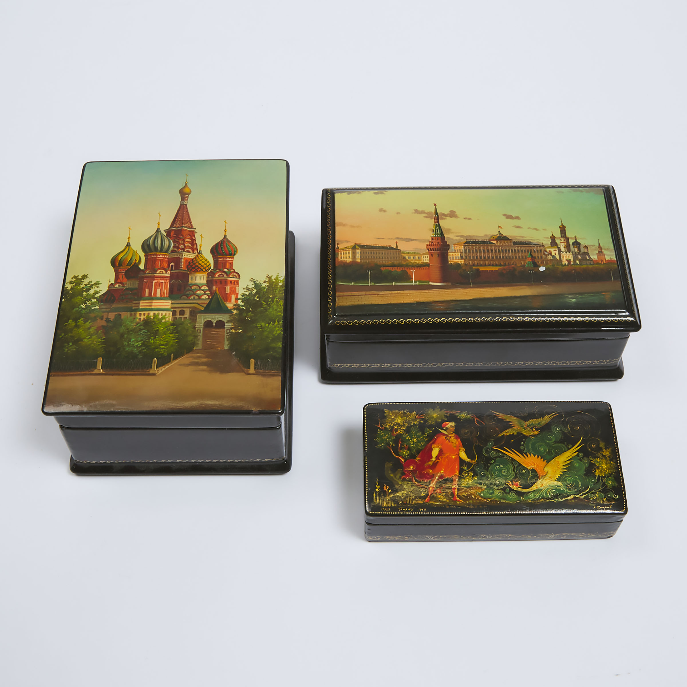 Three Soviet Lacquered Boxes Palekh  3ac3a9