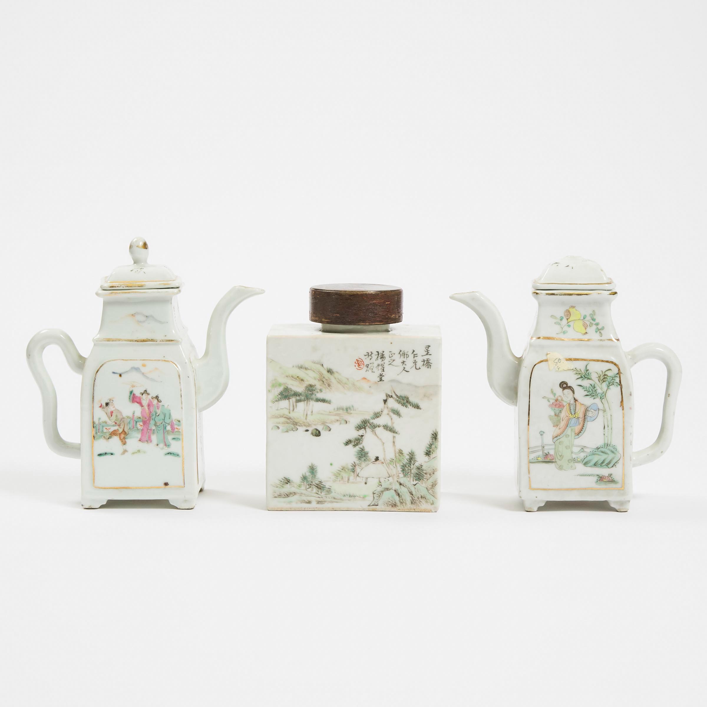 A Pair of Famille Rose Square-Form Teapots,