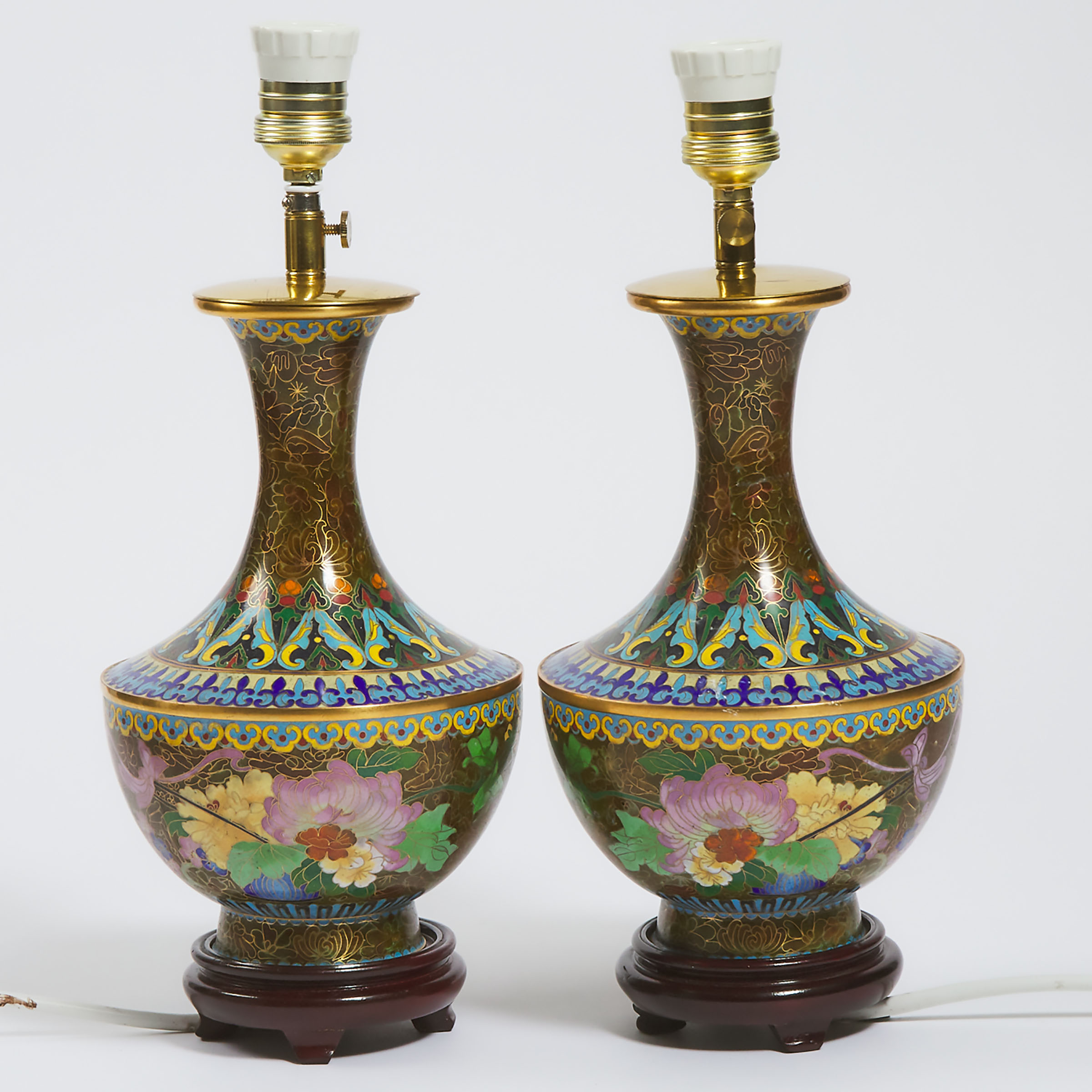 A Pair of Chinese Cloisonné Vase Lamps,