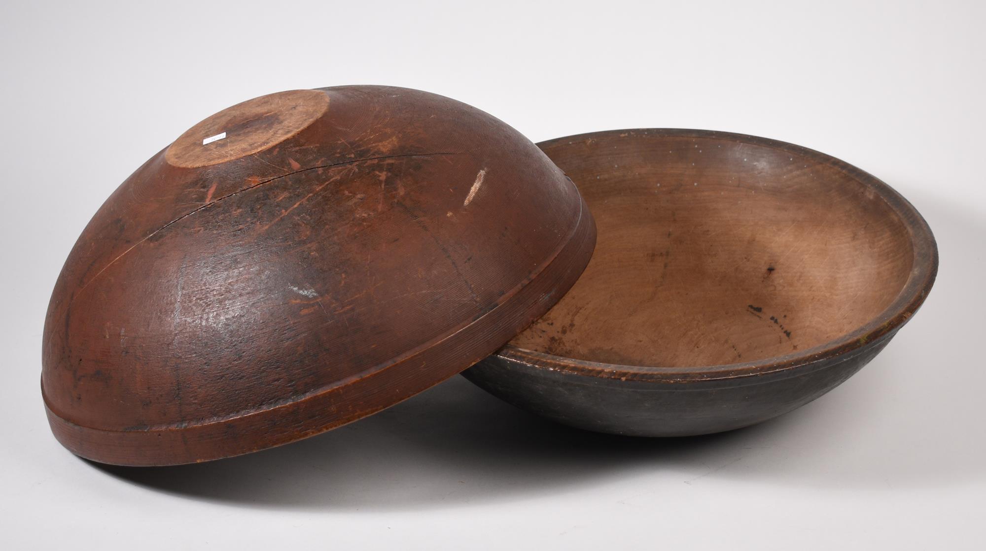 TWO 18TH C. PAINTED CHOPPING BOWLS.