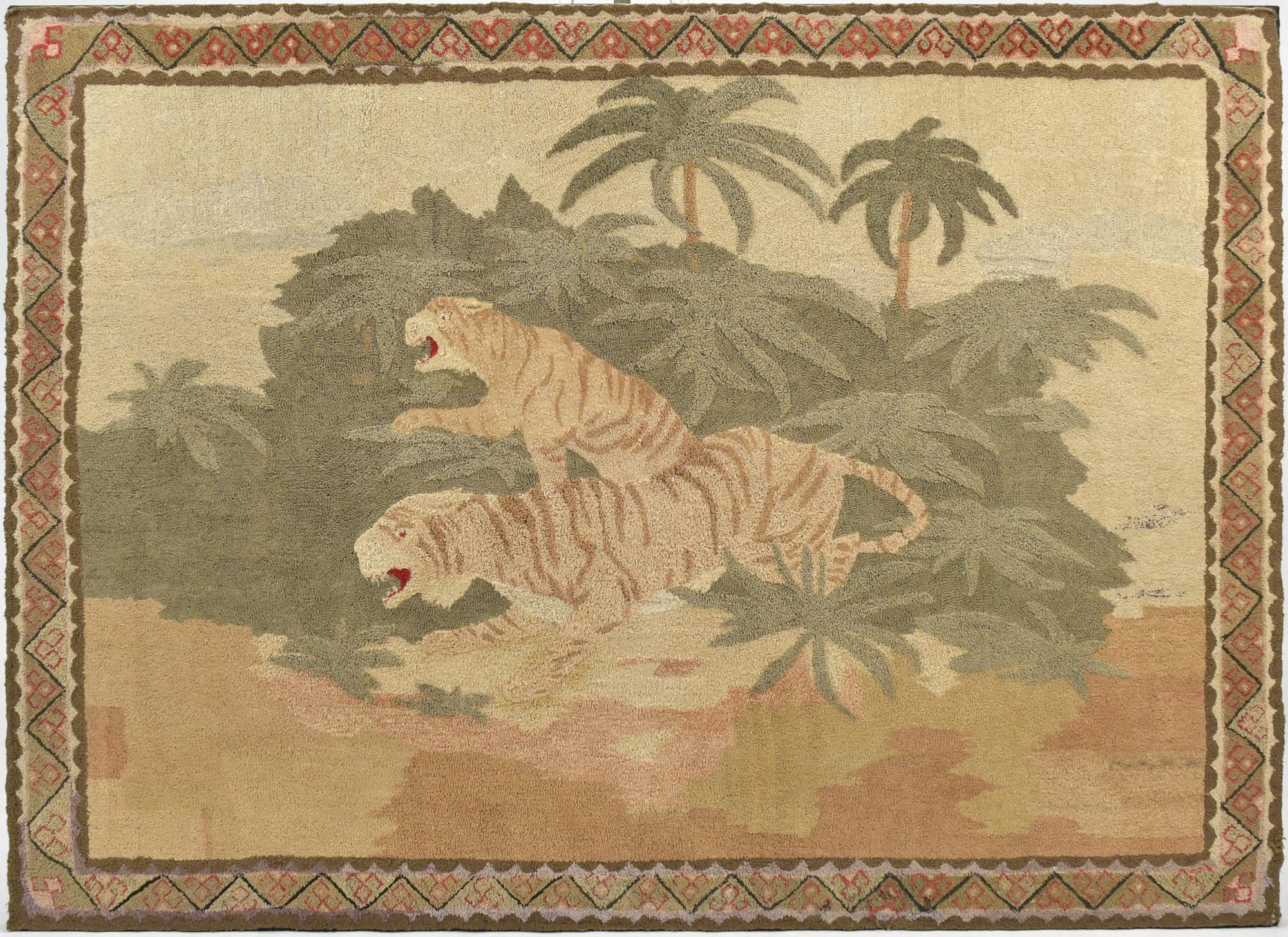 LARGE 19TH C HOOKED RUG TIGERS  3ac897