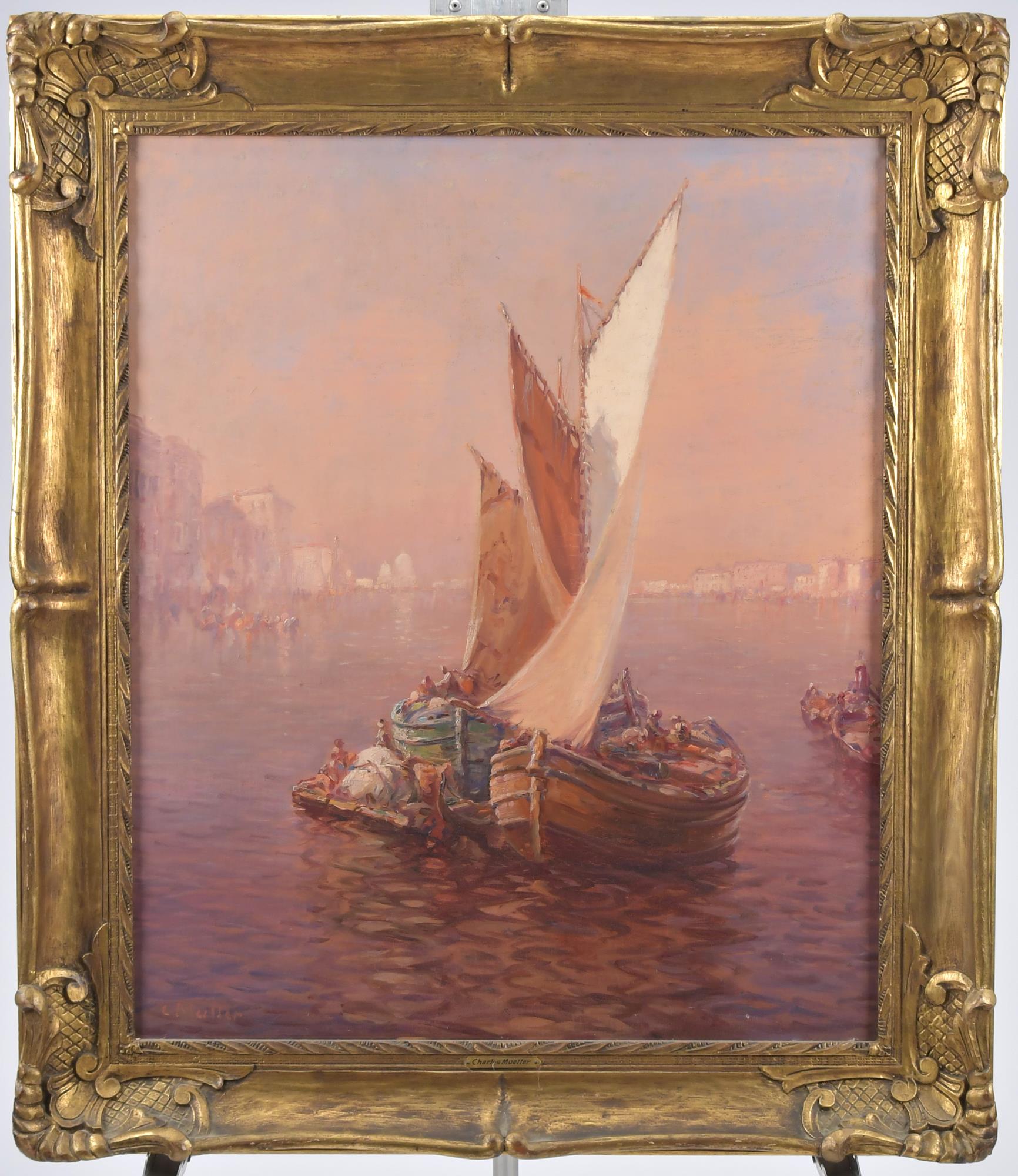 C. MULLER OIL, BOATS. Oil on canvas