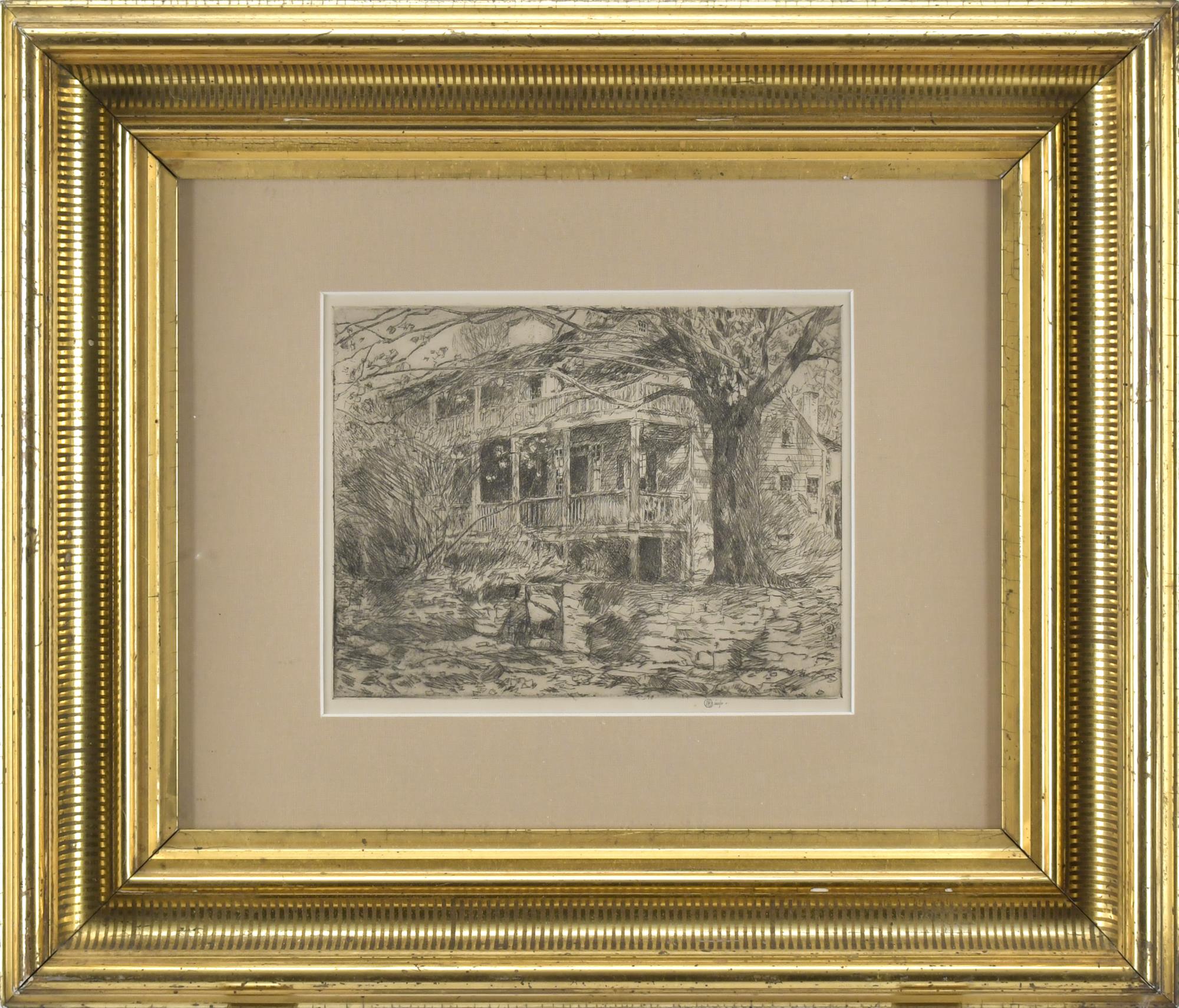 CHILDE HASSAM ETCHING OLD HOUSE  3ac903